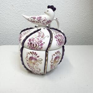 Anthropologie Ceramic Sugar Bowl Jar Bird White Fushia Gold Parrot NO SPOON